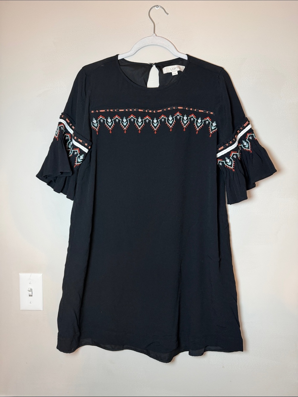 LOFT Black Mini Dress with Embroidered Trim and Flutter Sleeves. Size Medium